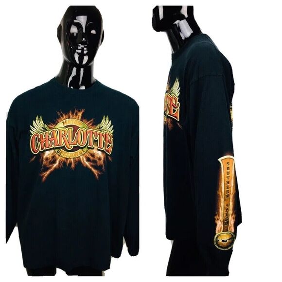 Charlotte Speedway Motor Racing Moto Biker Flames Cross Southern Speed LS Shirt - Picture 1 of 9